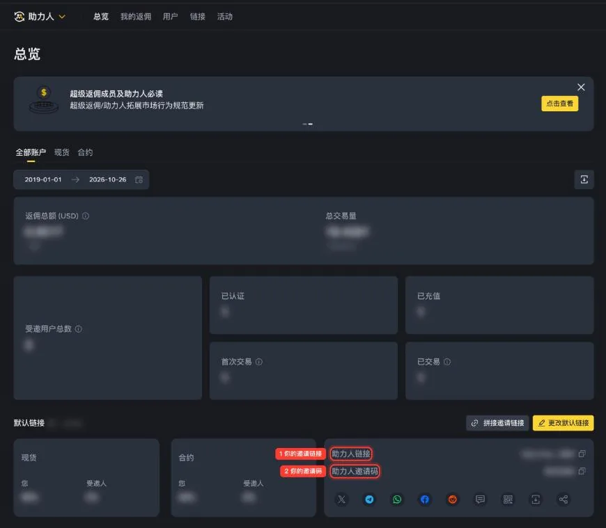 币安推荐返佣页面,标注了邀请链接和邀请码的位置,数据已打码