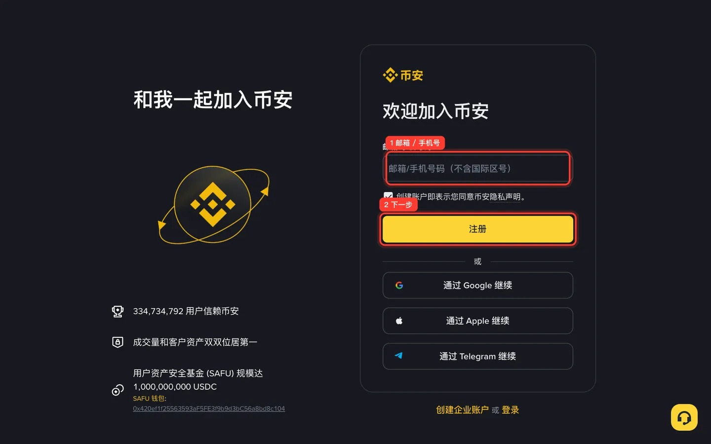 币安注册页面,标注了邮箱或手机号输入框与注册按钮