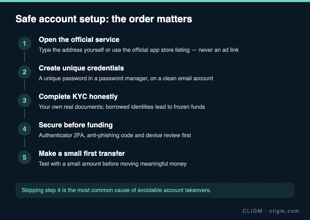 Safe Binance account setup flow: official service, unique credentials, honest KYC, security before funding, small first transfer