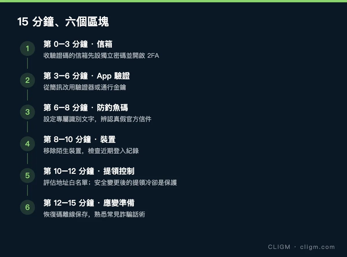 幣安 15 分鐘安全設定時間軸:信箱、App 驗證、防釣魚碼、裝置、提領控制、應變準備